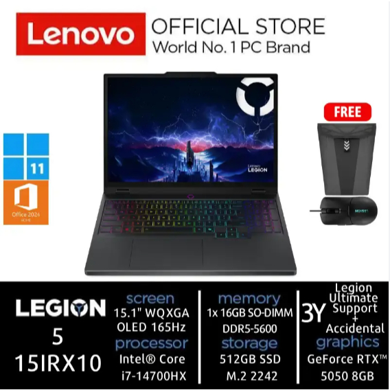 Lenovo Legion 5i i7-14700HX RTX5050 512GB 16GB 15.1"WQXGA OLED Win11 OHS