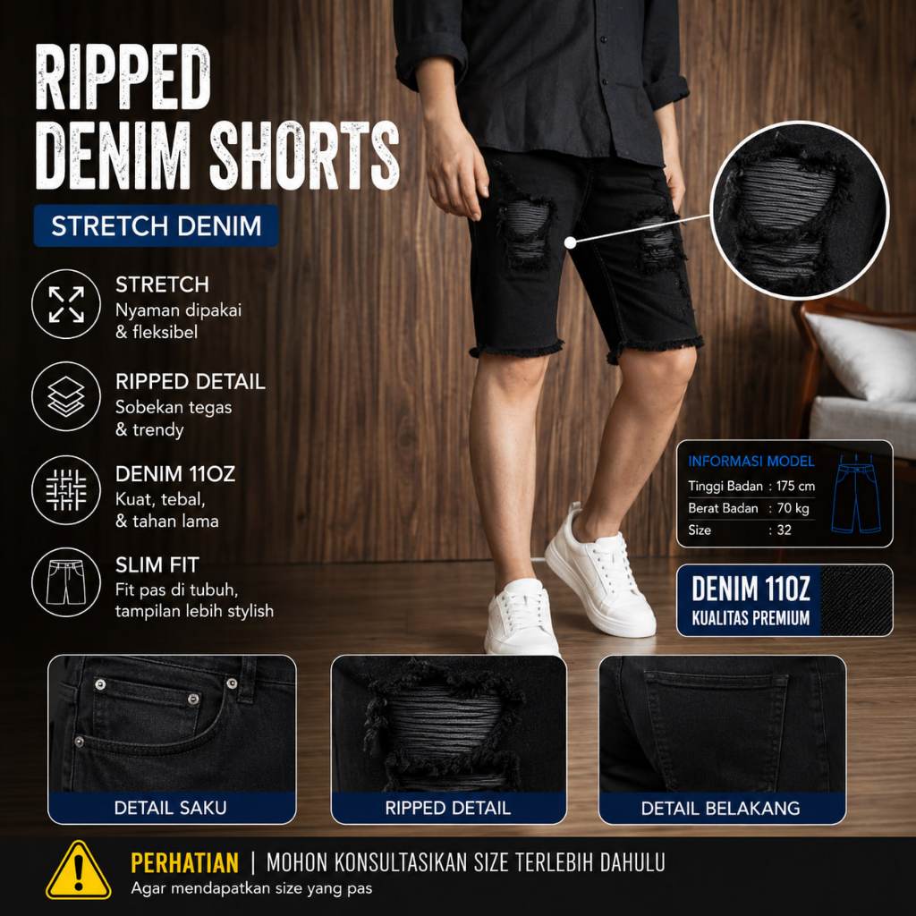 North Denim - Diablog Black - Celana Jeans Denim Pendek Pria Skinny Fit Strech
