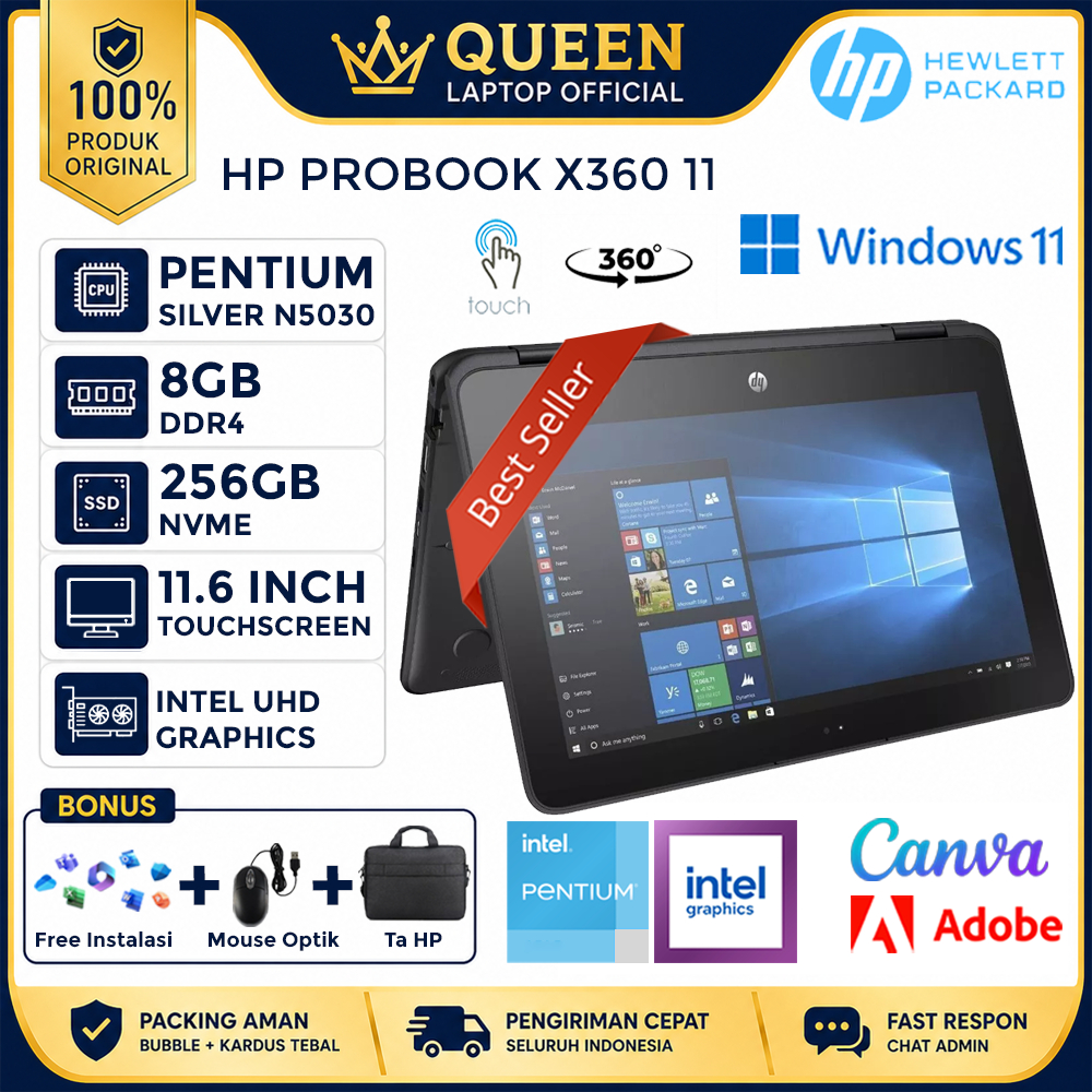 Laptop Touchscreen HP Probook X360 11 Intel Pentium Silver N5030 RAM 8GB 512GB 11 Win11 Profesional
