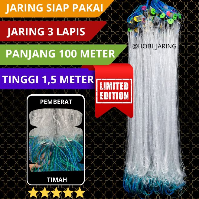 Jaring ikan 3 lapis siap pakai tinggi 1,5 meter panjang 100 meter pemberat timah jaring kantong