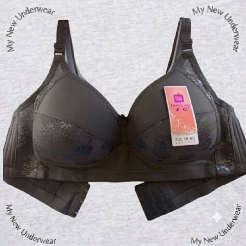 BRA LINGCAO (ORIGINAL) Cup C Busa Tipis Tanpa Kawat Motif Bunga Mengkilap Kait 3 Size 36-42