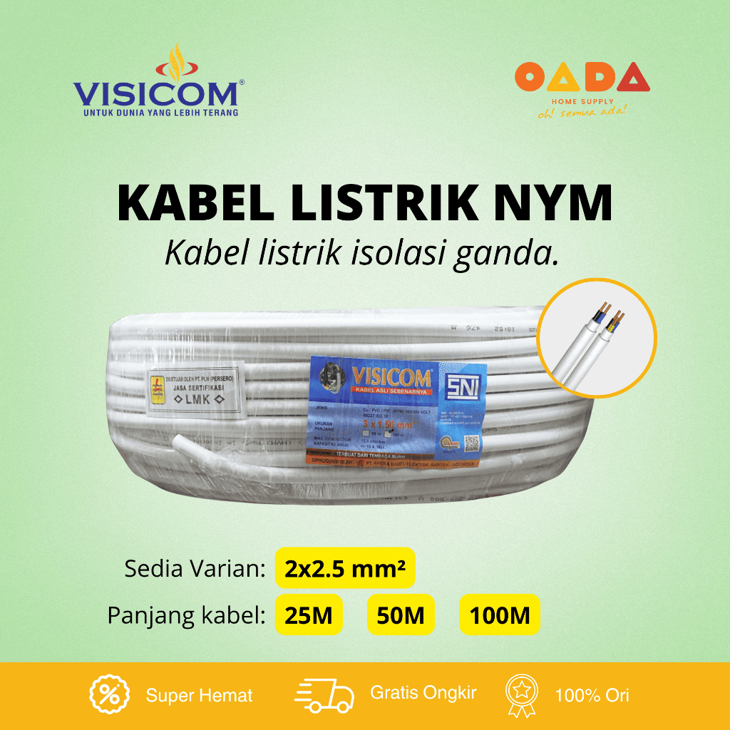Kabel NYM VISICOM 2x2,5mm² 25M 50M 100M Kawat Tembaga Tunggal PVC Putih Listrik SNI