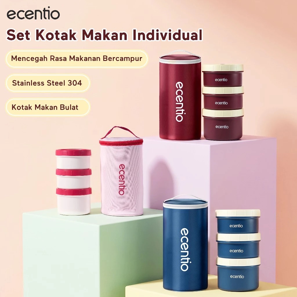 ECENTIO Lunch Box Set 3pcs Rantang Susun Tempat Bekal  Stainless Mangkok Sup ACC8