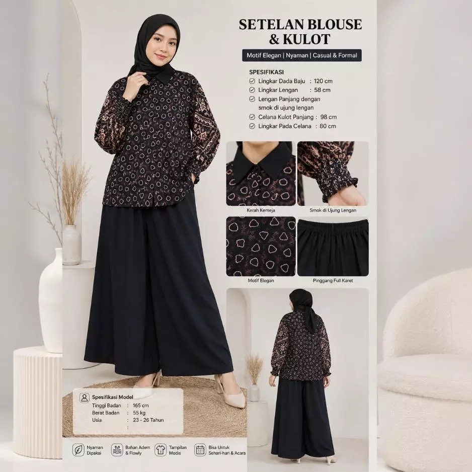 One Set Kayana Setelan Rayon Jumbo Wanita Modis Kulot Flowly Lengan Panjang dengan bahan kualitas pr