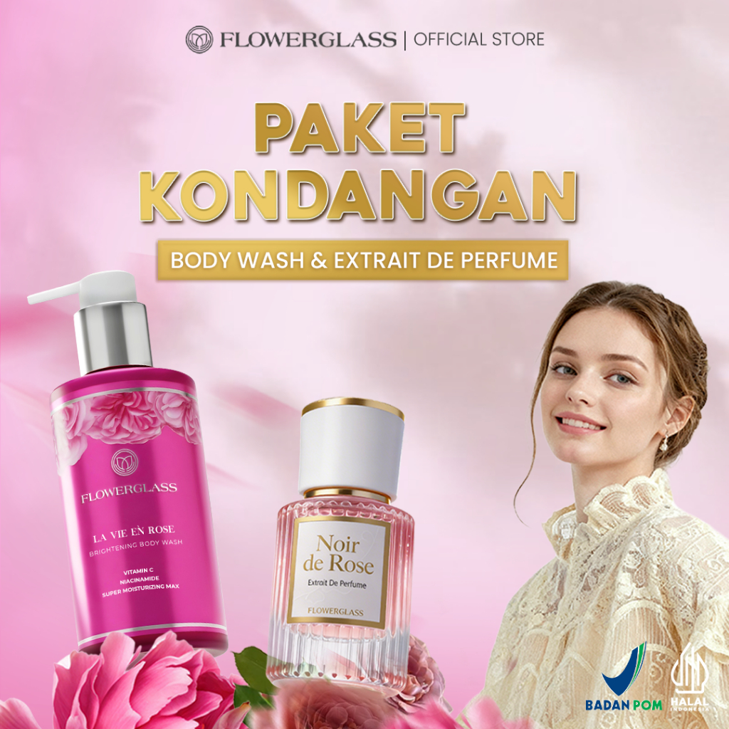Parfume Promo | Flowerglass Paket Kondangan Body Wash La Vie En Rose + Parfum Noir de Rose | Parfume