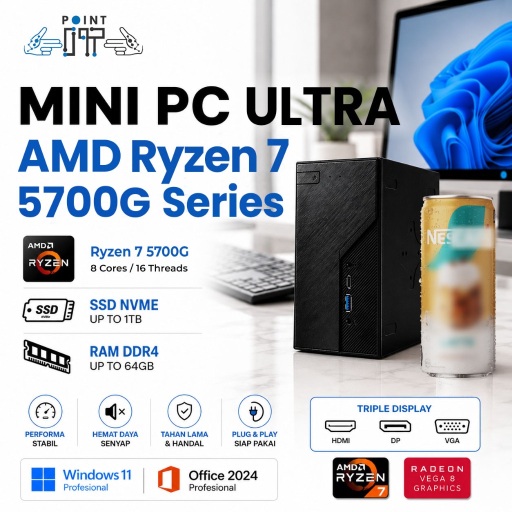 Mini PC Rakitan Ultra Desktop AMD Ryzen 7 5700G RAM 64GB DDR4 SSD 1TB NVMe Komputer Lengkap Siap Pak