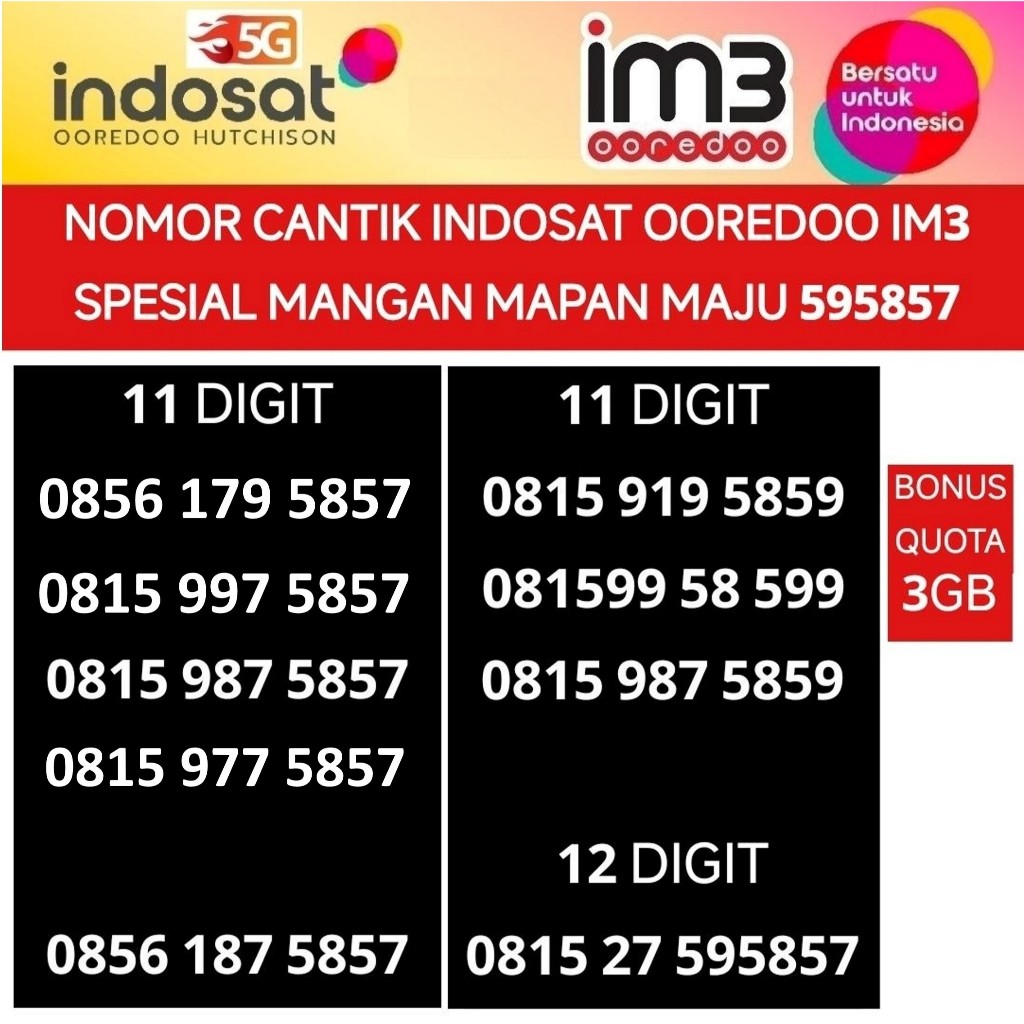 indosat ooredoo im3 nomor cantik hoki 5758 maju mapan 59 mangan kartu perdana nomer 4G 5G bonus quot