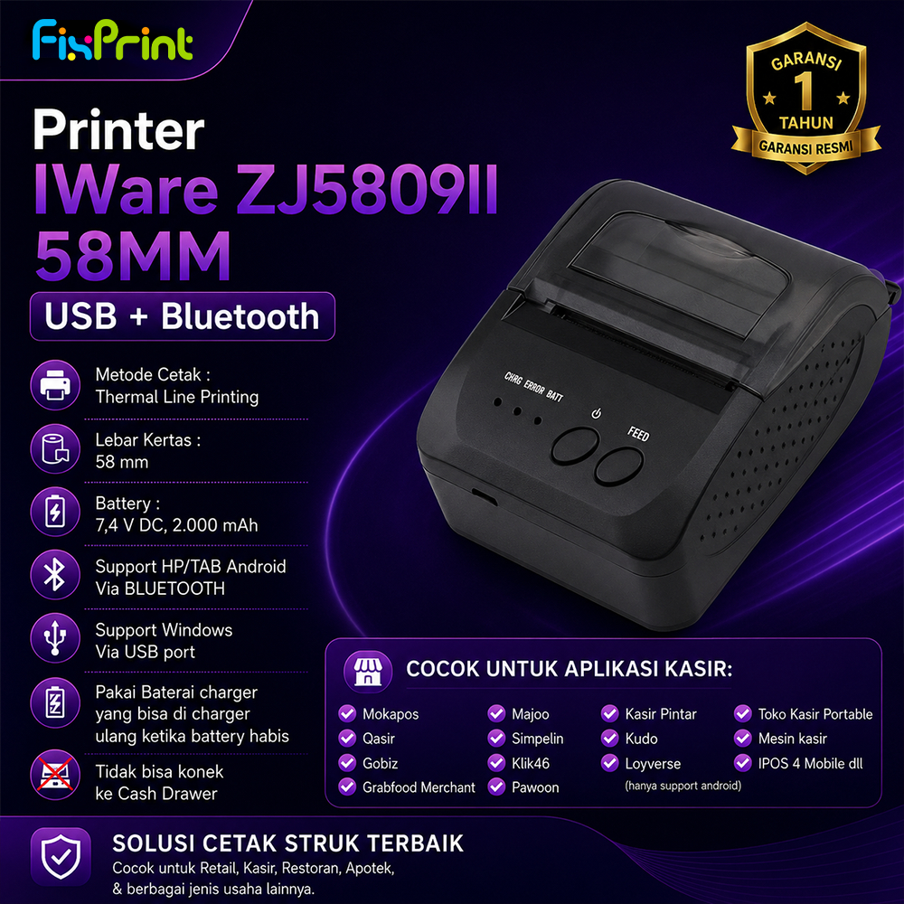 FixPrint Printer Iware Thermal Kasir ZJ5809II 58mm Iware Mini Bluetooth