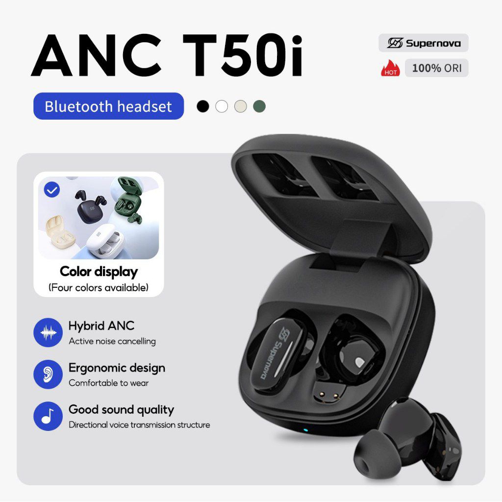 Tws Supernova ANC T50i Bluetooth Headset dengan Hybrid ANC dan Desain Ergonomis untuk Kualitas Suara