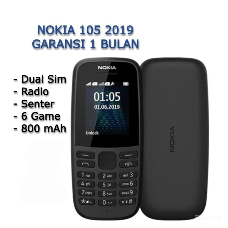 HP NOKIA 105 2019 BARU GARANSI 1 BULAN DUAL SIM RADIO SENTER GAME 800mAh