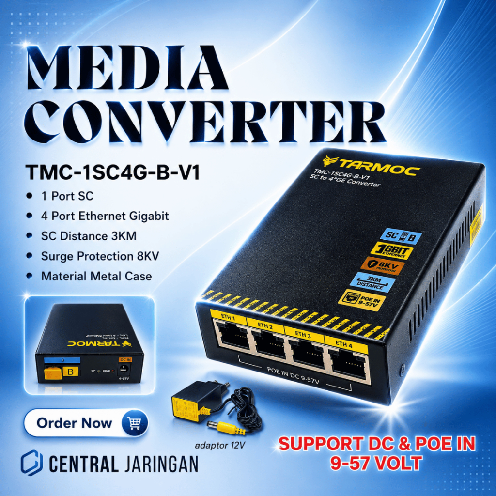 Tarmoc TMC-1SC4G-B-V1 | Media Converter Switch 1SC 4LAN / 1 SC 4 LAN Gigabit POE IN 9-57 Volt | 1FO 
