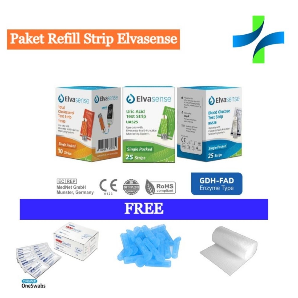 Elvasense 3 in 1 Strip Glu Cek Gula Darah isi 25pc | Free 25pc Lancet + Alcohol Swap