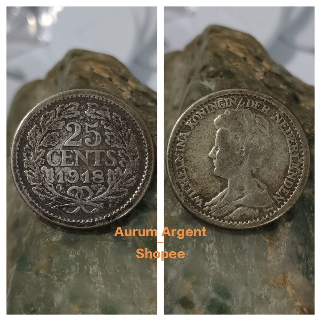 AD.5-- 1 PC KOIN KECIL PERAK KUNO ASLI 25 CENTS WILHELMINA TH 1918. -- SILVER COIN --