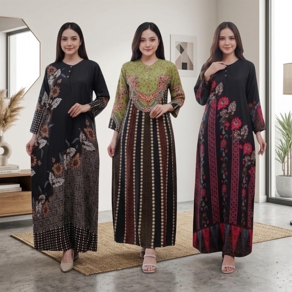 Bakul Daster - Longdress Batik Syahrani Daster Kancing Lengan Panjang Rayon Tebal Baju Tidur Busui N