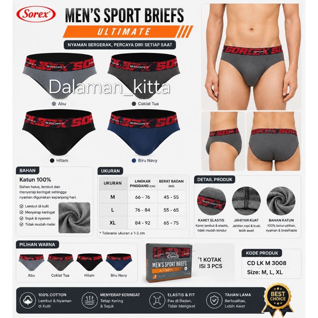 (3PCS)Sorex Man M3008 Celana Dalam Pria Sport Briefs Katun Premium