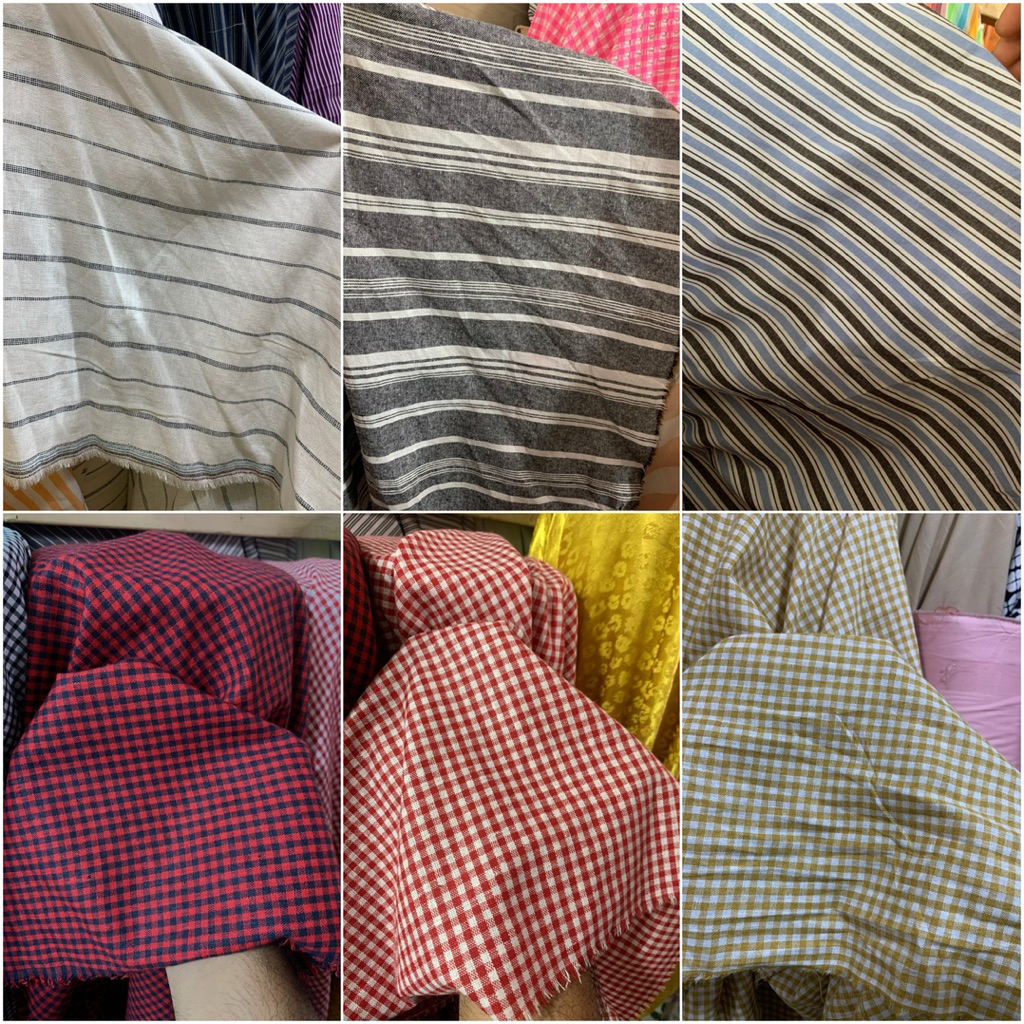 kain katun linen motif salur - kain linen motif kotak kotak harga setengah meter