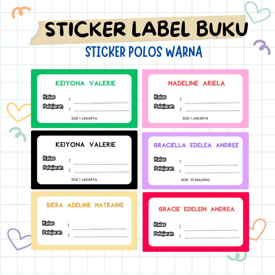 Sticker Nama Custom Label Buku Tulis Stiker Mapel Polos- Sticker HVS Glossy 16 pcs Tema Warna