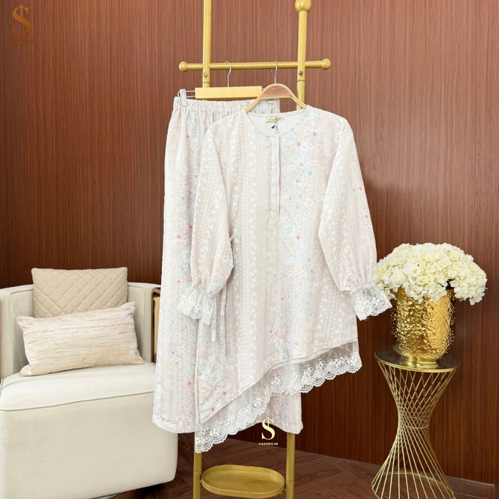 Sakuro - Valisha OneSet Tunik Kulot Bahan Jaguard Rayon Kombinasi Mix Tile Bunga Cantik Mewah Anggun