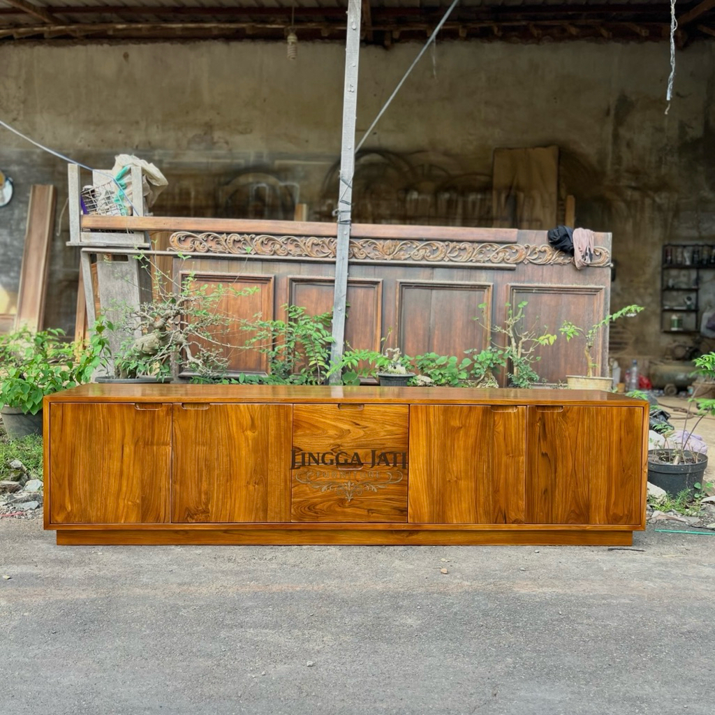 Buffet TV Minimalis Kayu Jati  Panjang – Rak TV Modern Natural Solid
