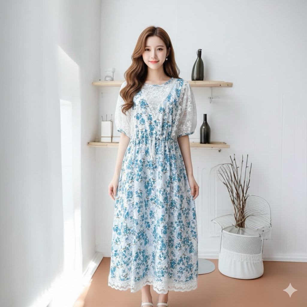 Oneset Blue Flower Midi Dress Berenda Mix Tile | Dress Babydoll Lengan Balon