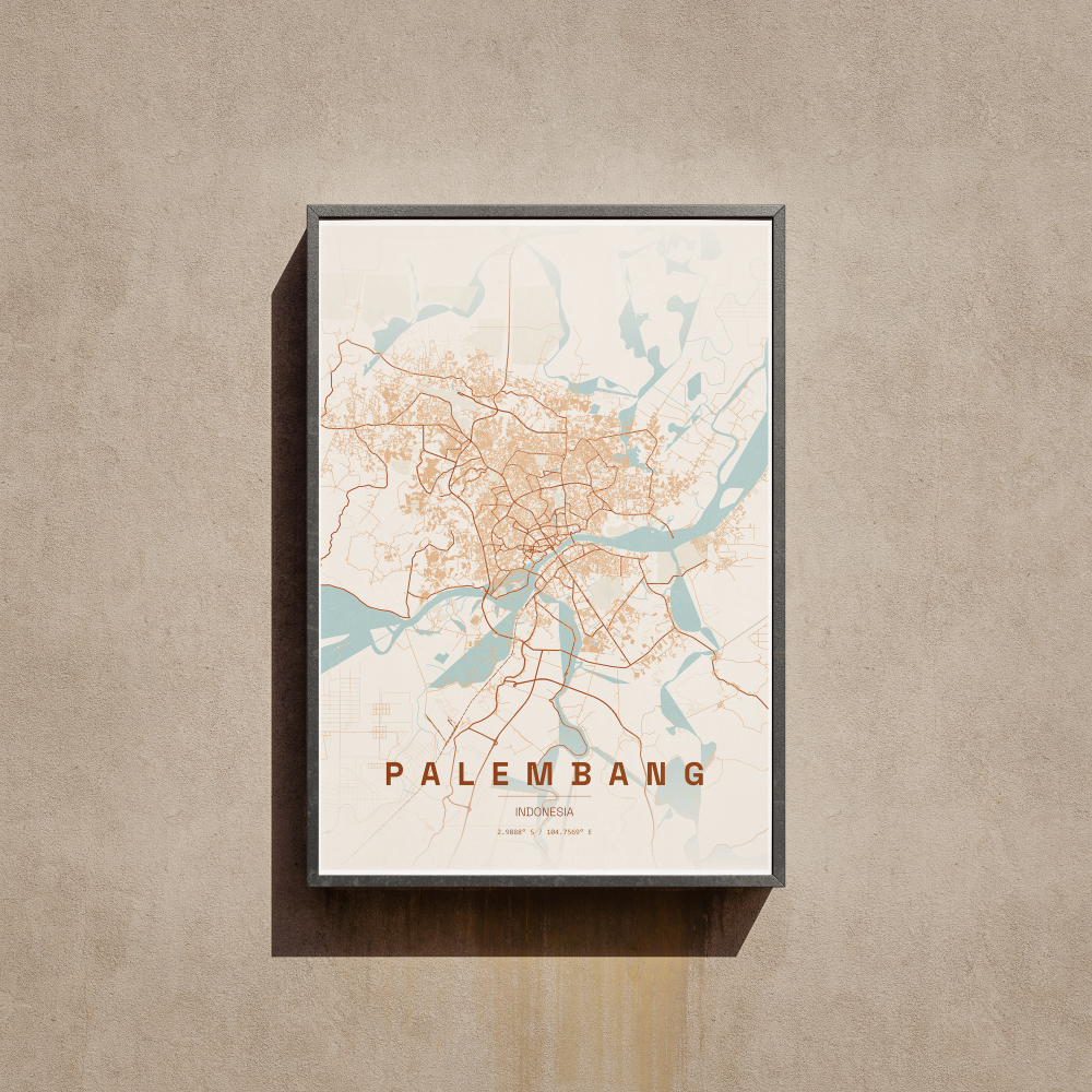 Palembang City Map Wall Art Poster Peta Kota Palembang Hiasan Dinding Aesthetic Ukuran A3