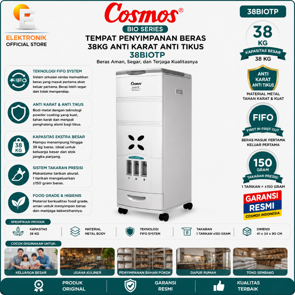 Cosmos 38BIOTP Tempat Penyimpanan Beras 38kg Anti Karat Anti Tikus Bio Series Rice Box - Garansi Res
