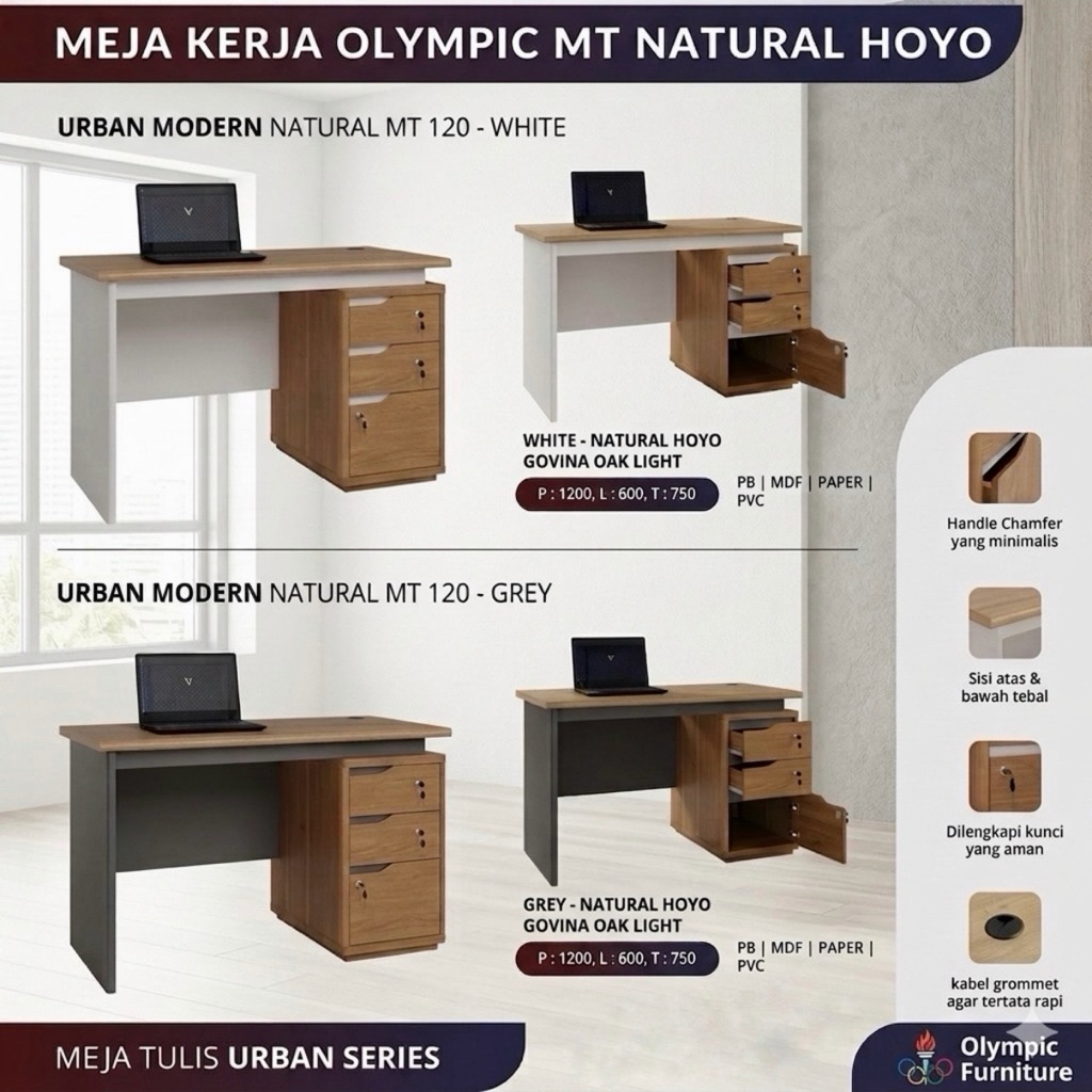Meja Kerja Olympic MT URBAN NATURAL HOYO / Meja Tulis Olympic / Meja Belajar Olympic / Meja Laptop /