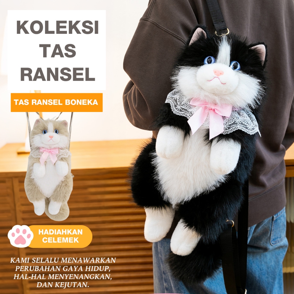 Tas Ransel Boneka Kucing Realistis Lucu Premium Plushie Backpack Viral Gaya Korea Hadiah Unik Wanita