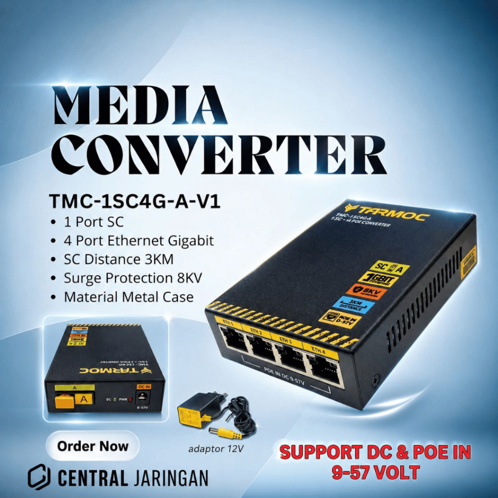 Tarmoc TMC-1SC4G-A-V1 | Media Converter Switch 1SC 4LAN / 1 SC 4 LAN Gigabit POE IN 9-57 Volt | 1FO 