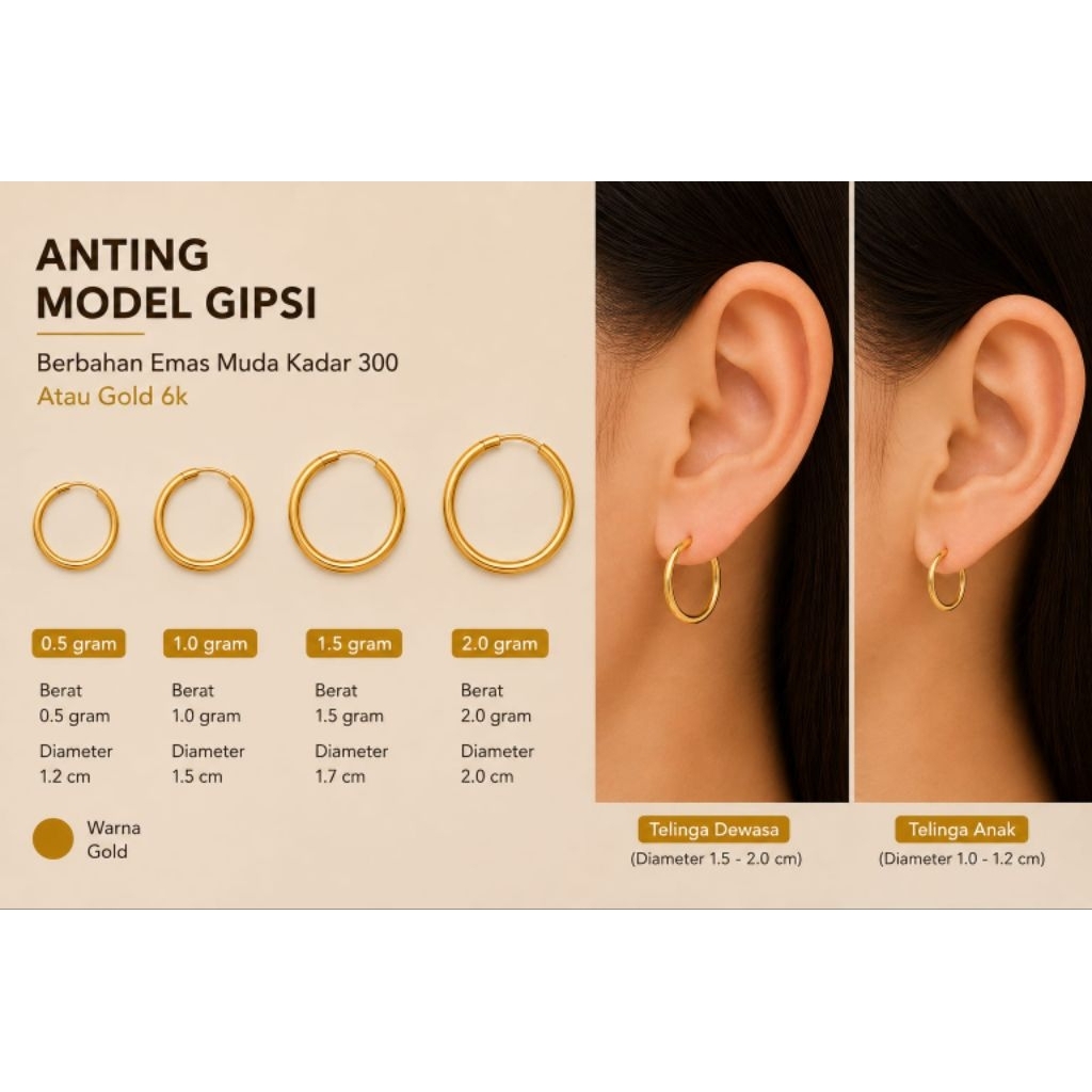 Anting Gipsi Polos Emas Asli Kadar 300 / Anting ring Polos Emas Muda Kadar 300 (Terima Jual Kembali)