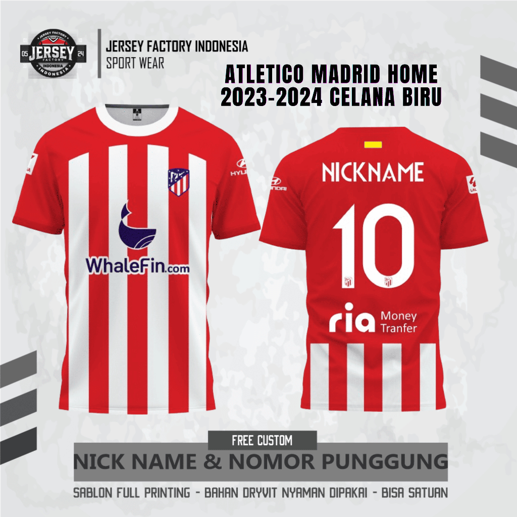 JERSEY ATLETICO MADRID HOME 23-24 CELANA BIRU FREE CUSTOM UNTUK ANAK DAN DEWASA
