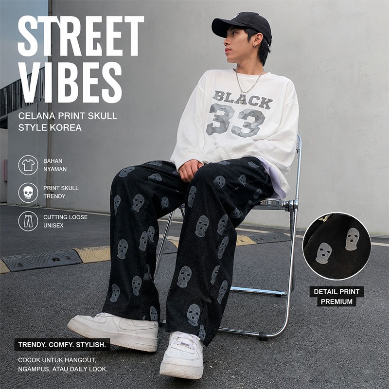 Tipis/y2k Corduroy pants tengkorak topeng  celana Panjang Pria hitam Loose Pants casual Hip Hop cela