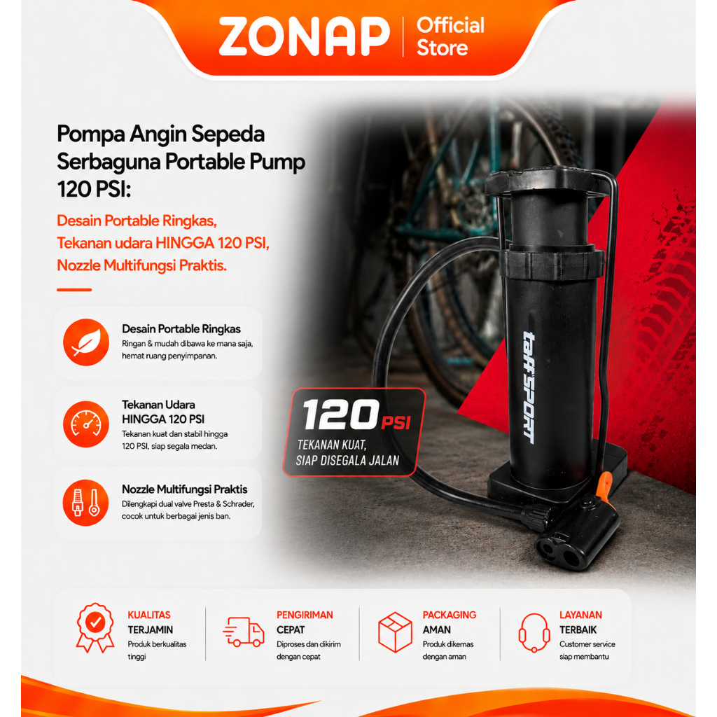 ZONAP Pompa Angin Sepeda Serbaguna Portable Pump 120 PSI