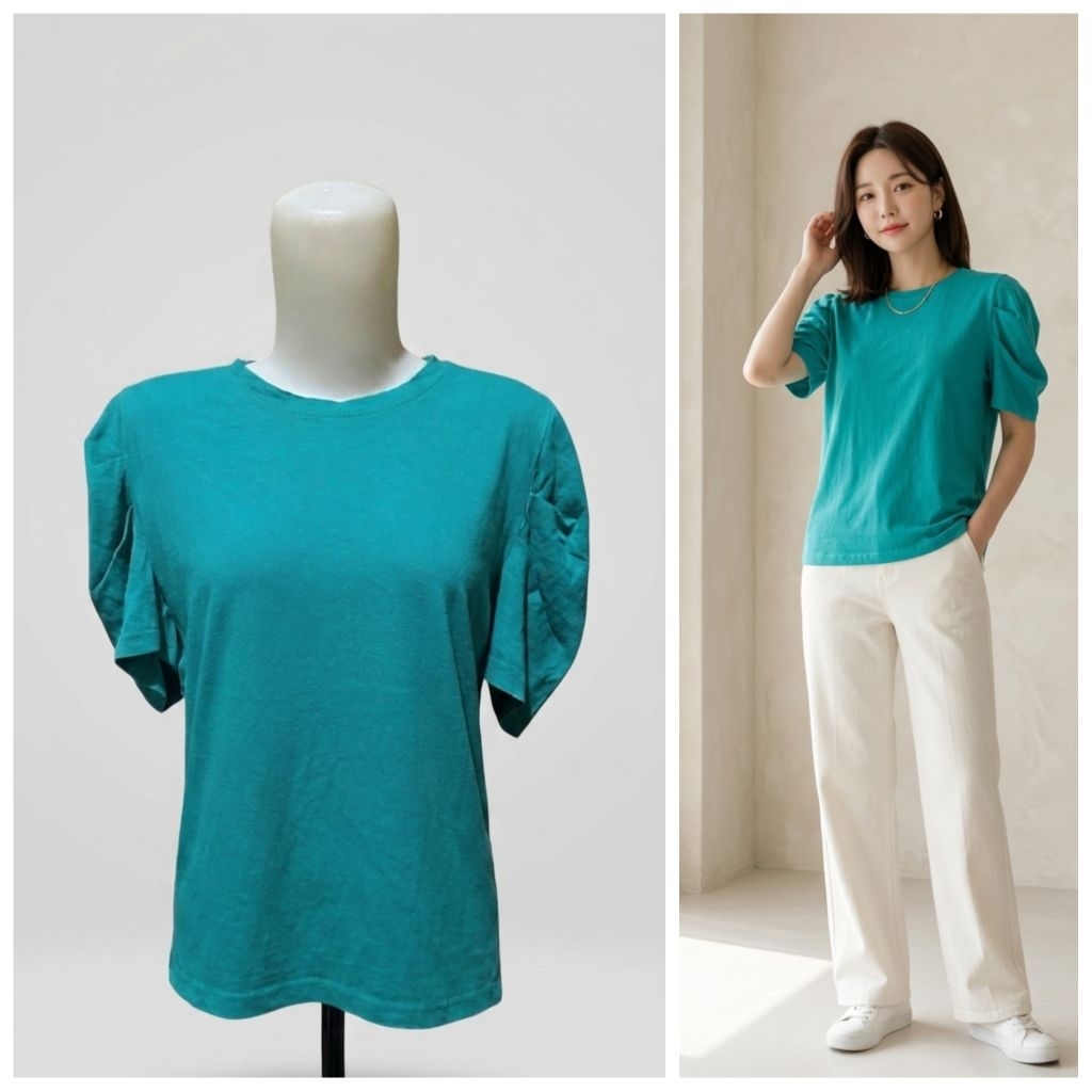 Blouse Casual Wanita Lengan Puff Hijau Polos Thrift Baju Korea
