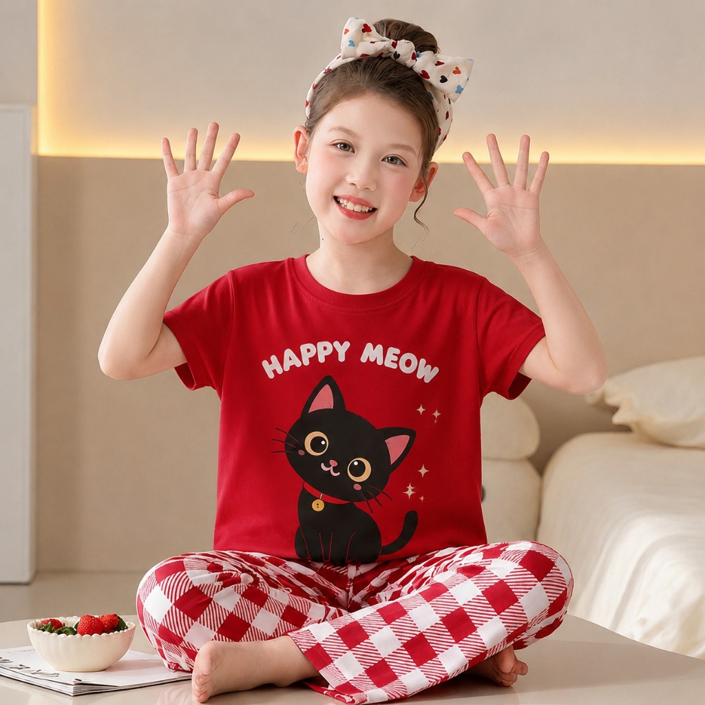 Setelan Baju Tidur Harian Piyama Anak Perempuan Lengan Pendek Celana Panjang Kaos Katun