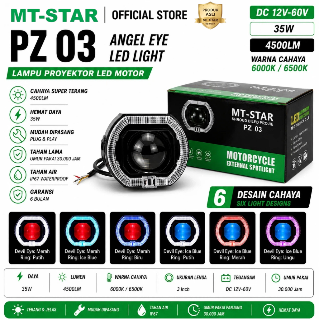 MT STAR PZ03 Projie Biled Matrix X1 3 Inch High Low Putih Body black plus kipas Premium Intelligent 