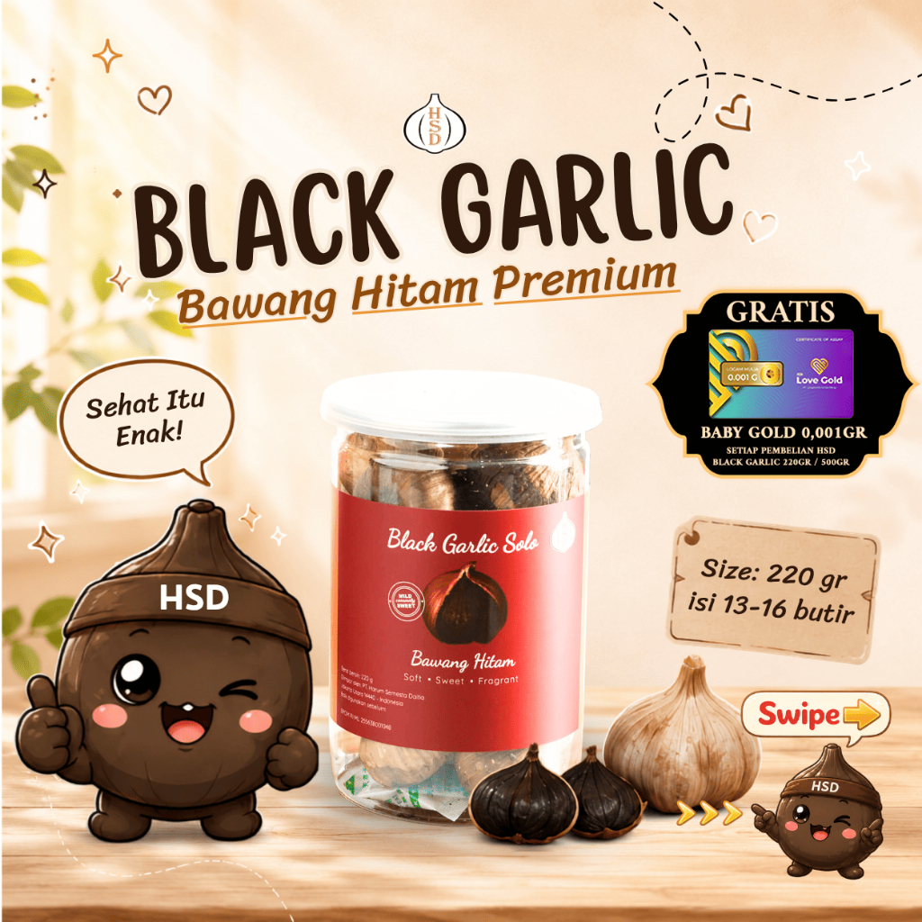 HSD Black Garlic Solo 220 Gr 7-15 Hari BPOM Halal Fermentasi 90 Hari ( Bawang Hitam Tunggal)