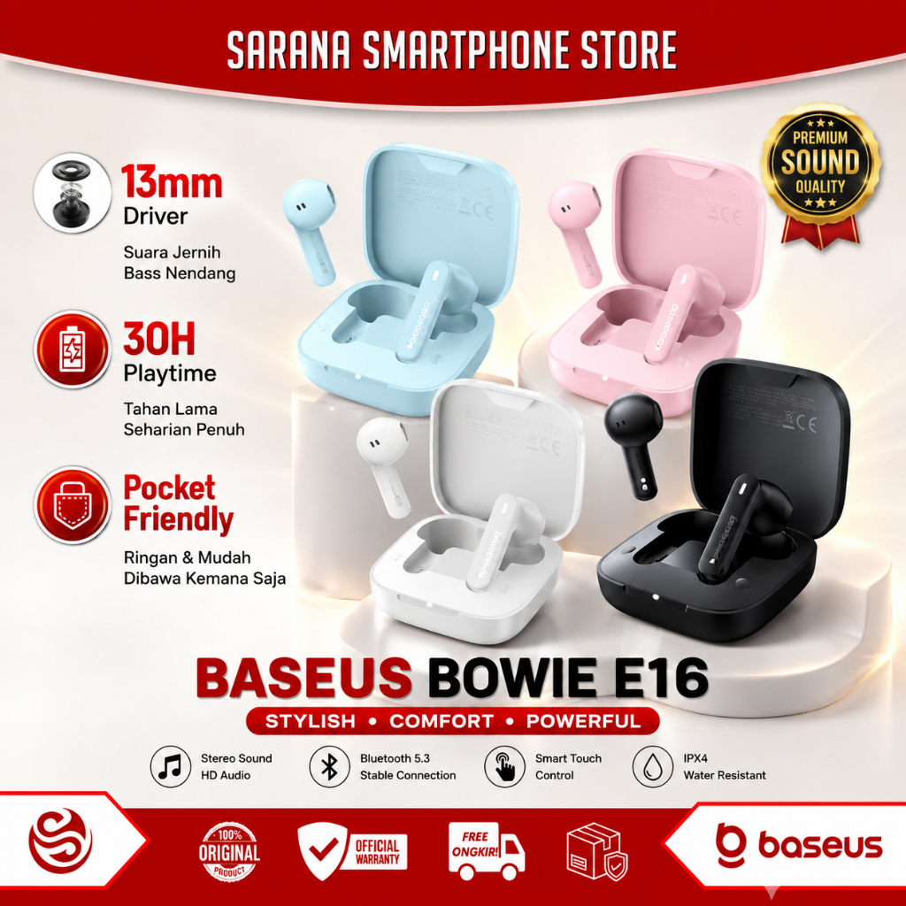 TWS BASEUS Bowie E16 Headset Earphone Bluetooth 13mm Driver 30H Pocket for HP Android iPhone