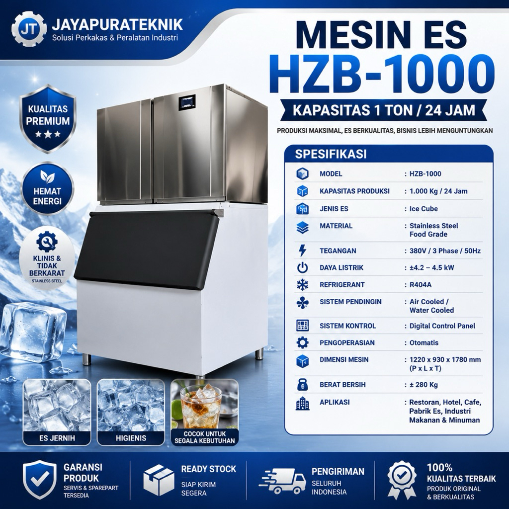 Mesin Pembuat Es Batu Cube / Tube Kristal 1 Ton HZB-1000 Ice Maker Machine Commercial untuk Restoran