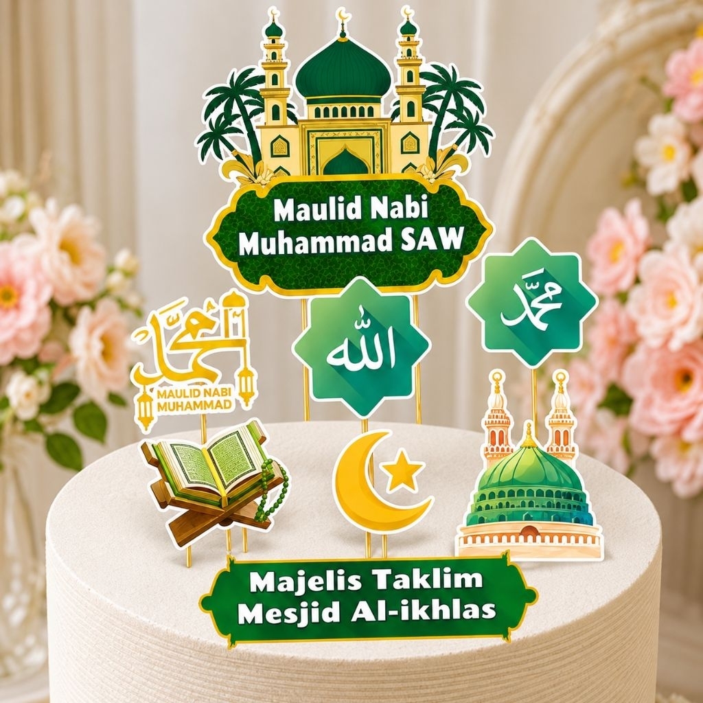 Topper Maulid Nabi Muhammad SAW custom Nama / Hiasan Tumpeng Kue Maulid
