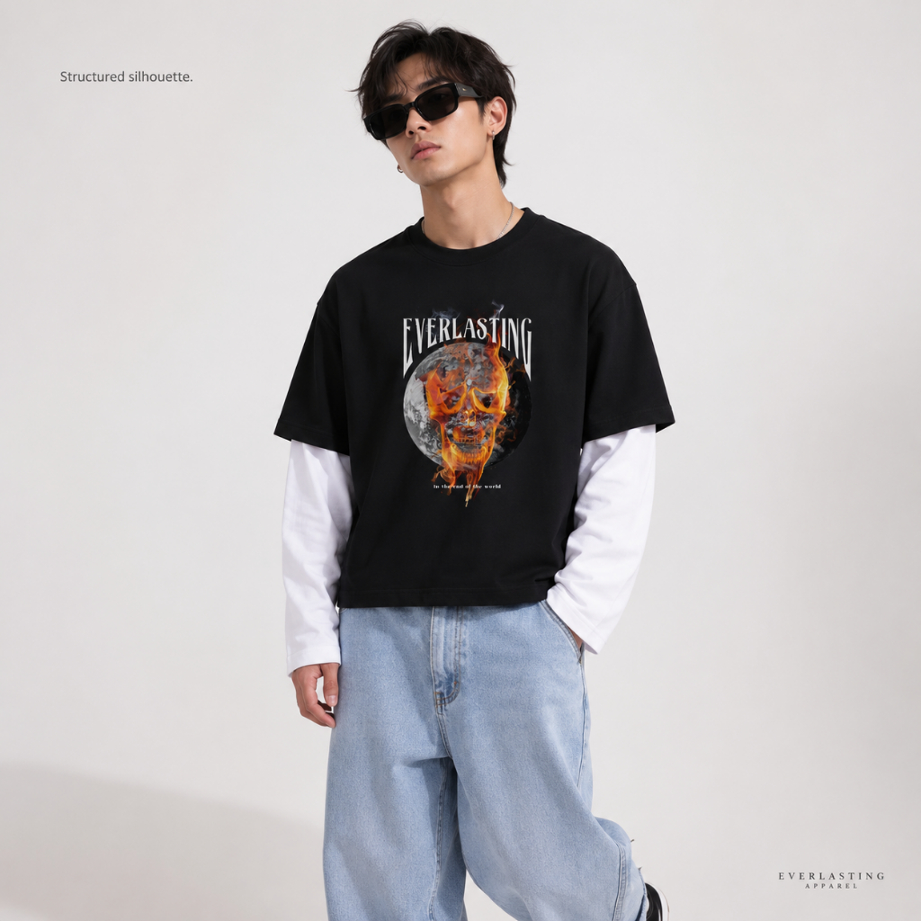 EVERLASTING Longsleeve Boxy Double Layer "On Fire Skull" I Kaos Lengan Panjang Pria & Wanita
