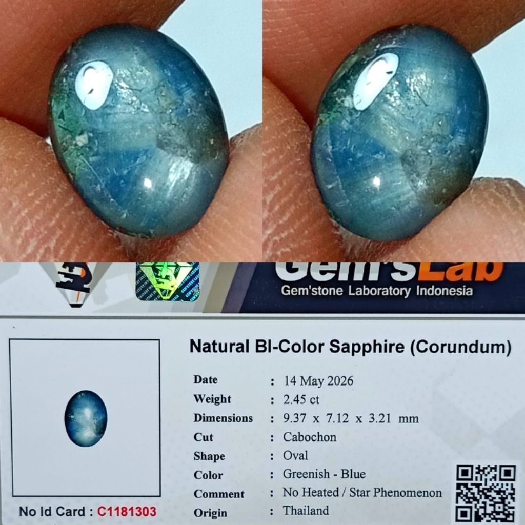 natural Bi - color sapphire greenish blue no heated thailand memo GLI