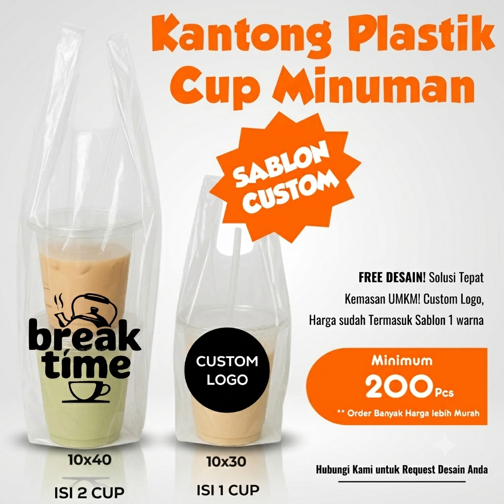 Sablon Plastik Cup Minuman Plastik Take Away Gelas (isi 1 cup & 2 cup) Custom Sablon Logo Brand UMKM
