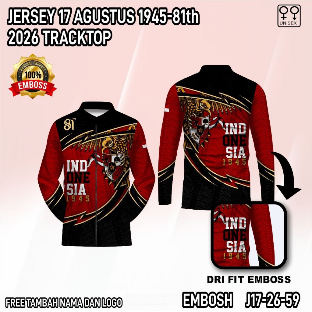 Jaket tracktop Baju Garuda Indonesia 1945 Jersey Kemerderaan RI ke 81 Kaos 17an bahan emboss