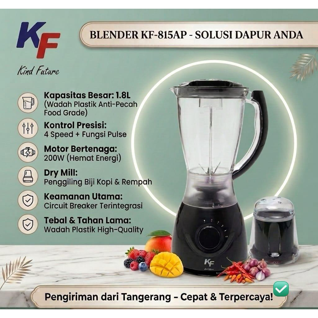 KF Blender KF-815AP 2in1 dengan Gelas Anti Pecah 1.8L & Dry Mill Pisau Stainless untuk Juice & Bumbu