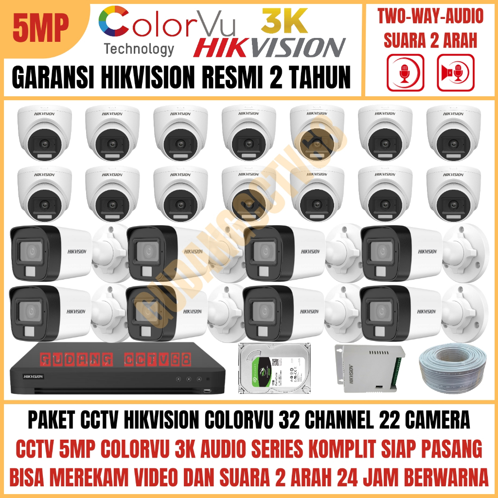 Paket CCTV HIKVISION COLORVU 32 Channel 22 Camera 5MP 3K Full Colour AUDIO TWO WAY Komunikasi 2 ARAH