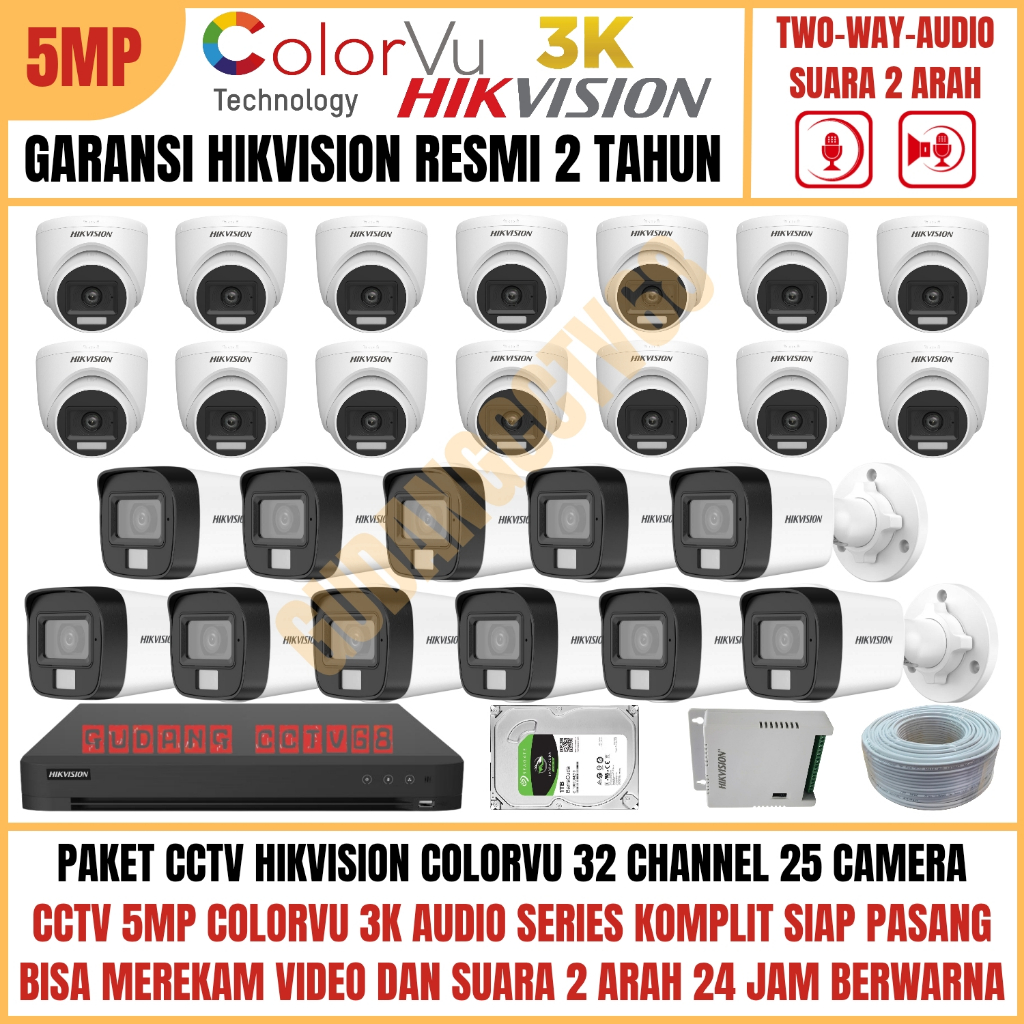 Paket CCTV HIKVISION COLORVU 32 Channel 25 Camera 5MP 3K Full Colour AUDIO TWO WAY Komunikasi 2 ARAH
