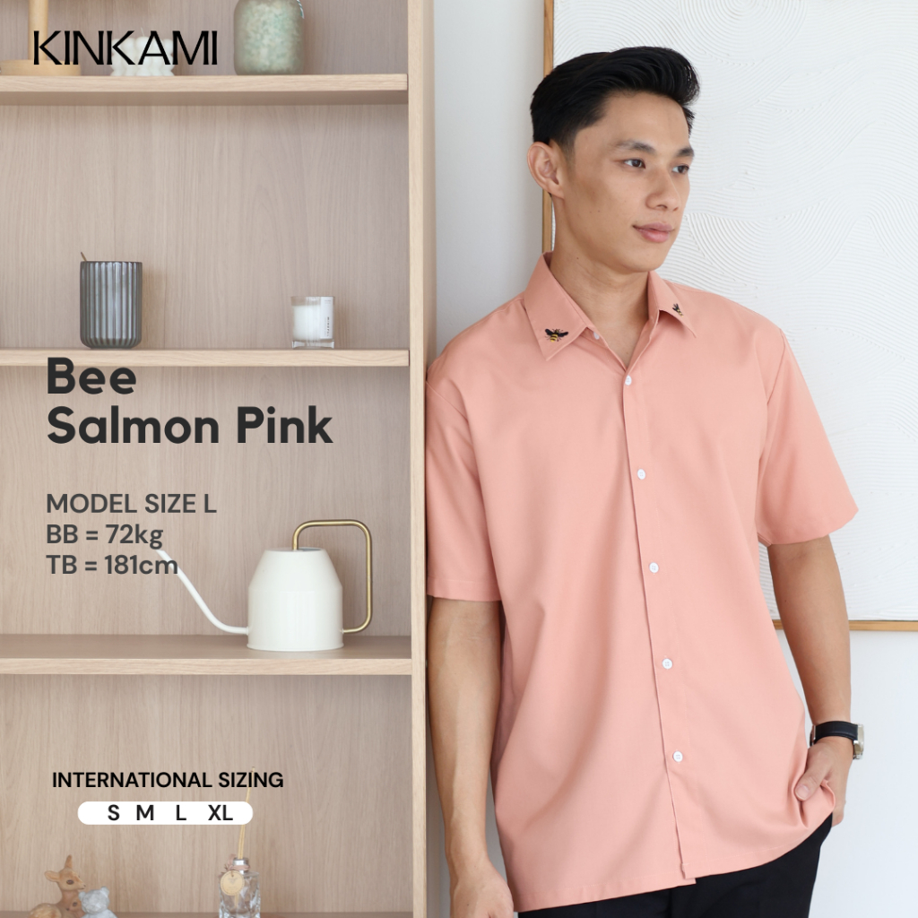Kemeja Pria Lengan Pendek Premium Bordir | BEE Salmon Pink by KINKAMI