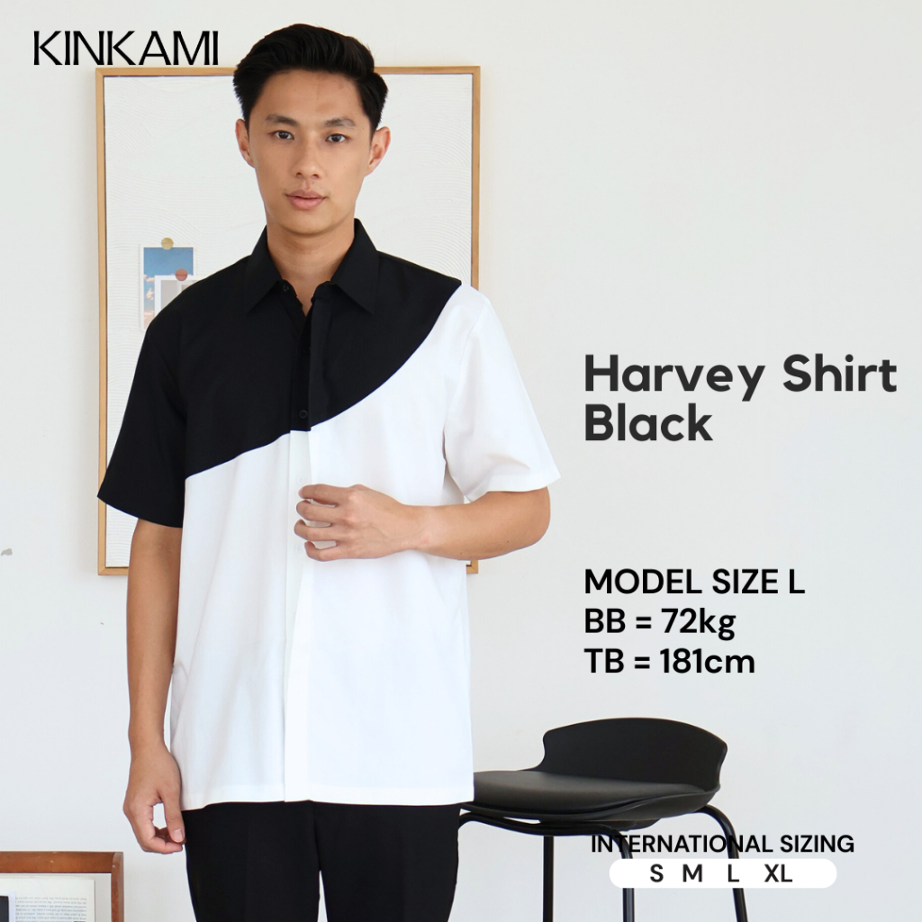 Kemeja Pria Lengan Pendek Premium Hitam Putih | Harvey Black by KINKAMI