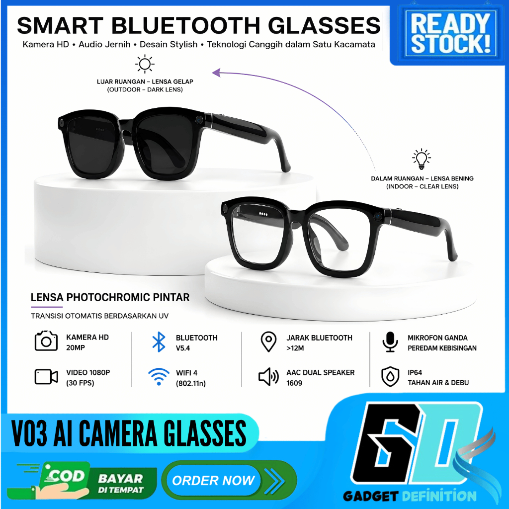 V03 AI-Vision Smart Glasses Kacamata pintar Bluetooth perekaman video, audio, AI, Kamera